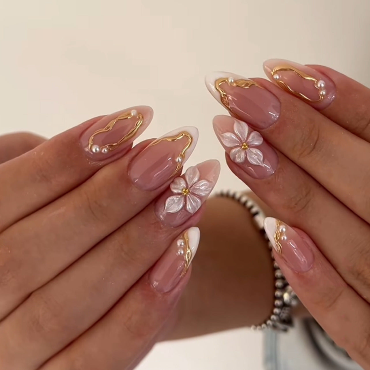 Pearl Flower Almond Nails